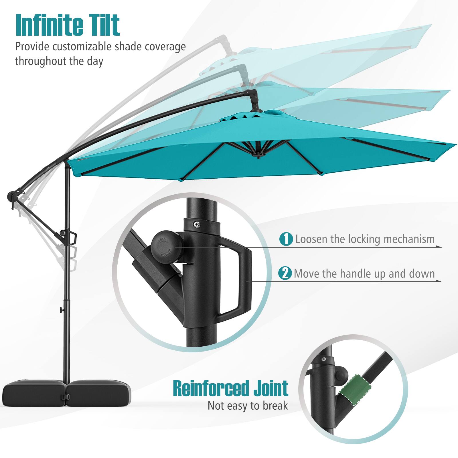 Infinite Tilt  
Provide customizable shade coverage throughout the day  

1. Loosen the locking mechanism  
2. Move the handle up and down  

Reinforced Joint  
Not easy to break