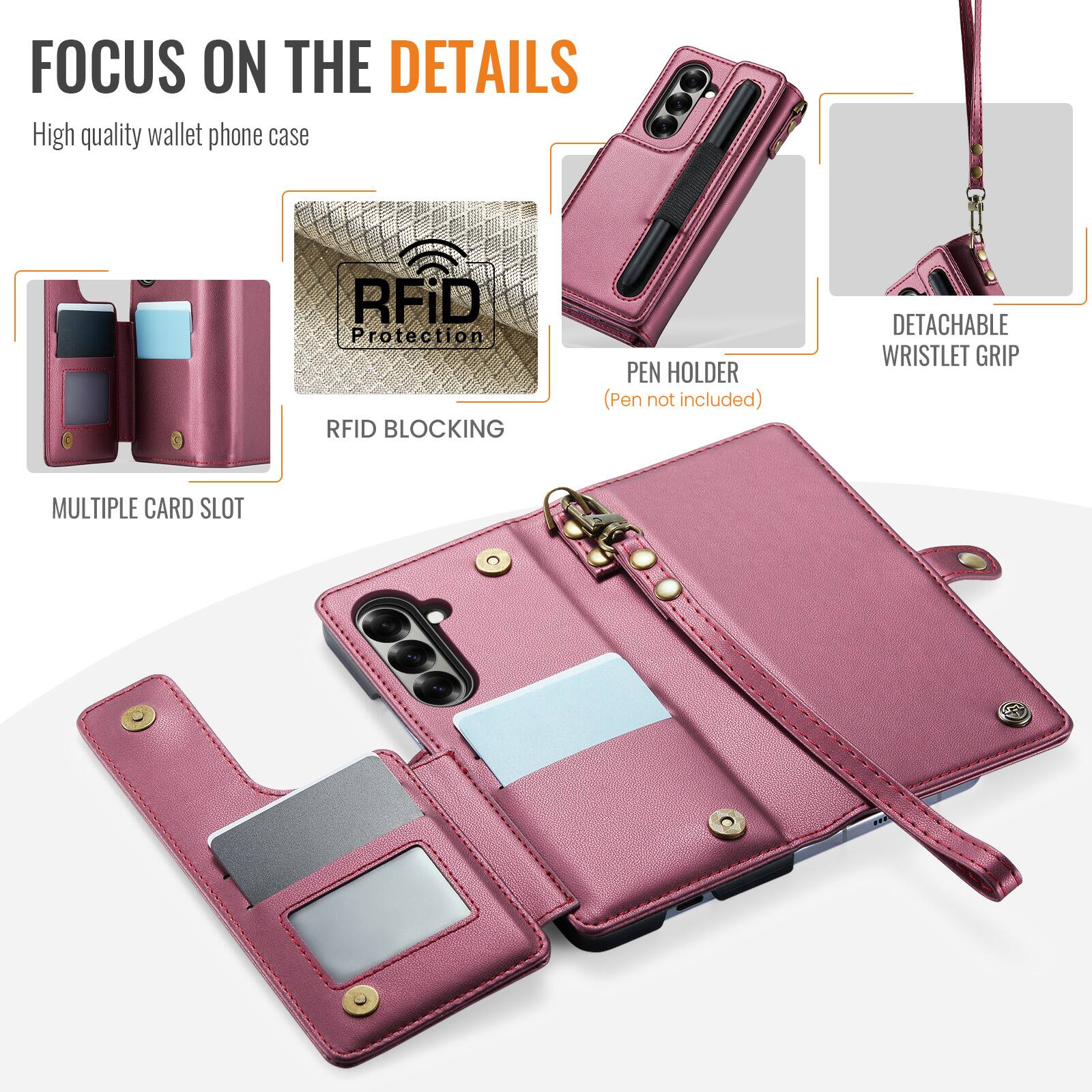 FOCUS ON THE DETAILS

High quality wallet phone case

RFID Protection RFID BLOCKING

PEN HOLDER (Pen not included)

DETACHABLE WRISTLET GRIP

MULTIPLE CARD SLOT