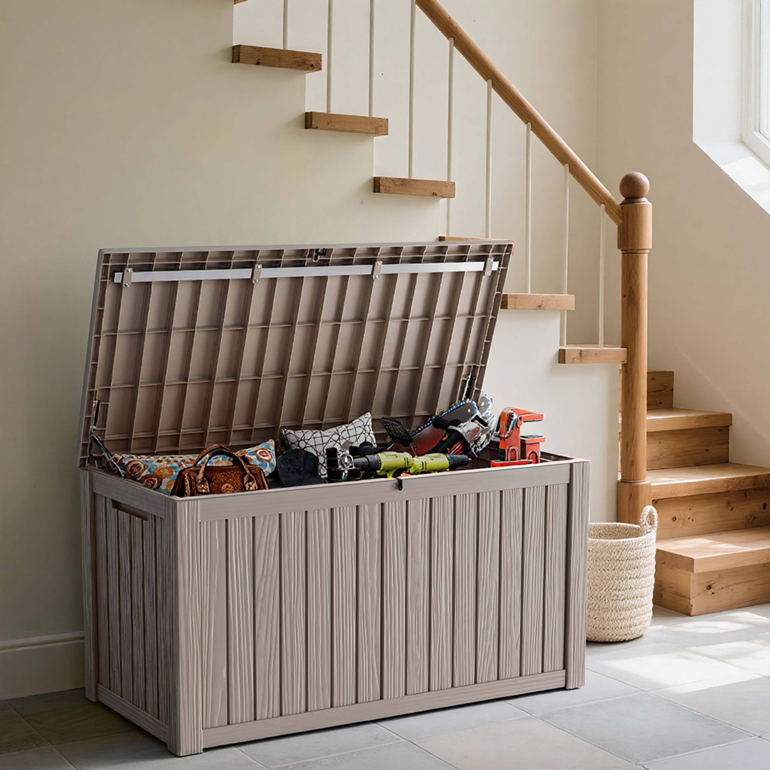 Angle. Chery Life - 150 Gallon Outdoor Storage Lockable Deck Box for Patio Cushion, Garden Tools - Gray.