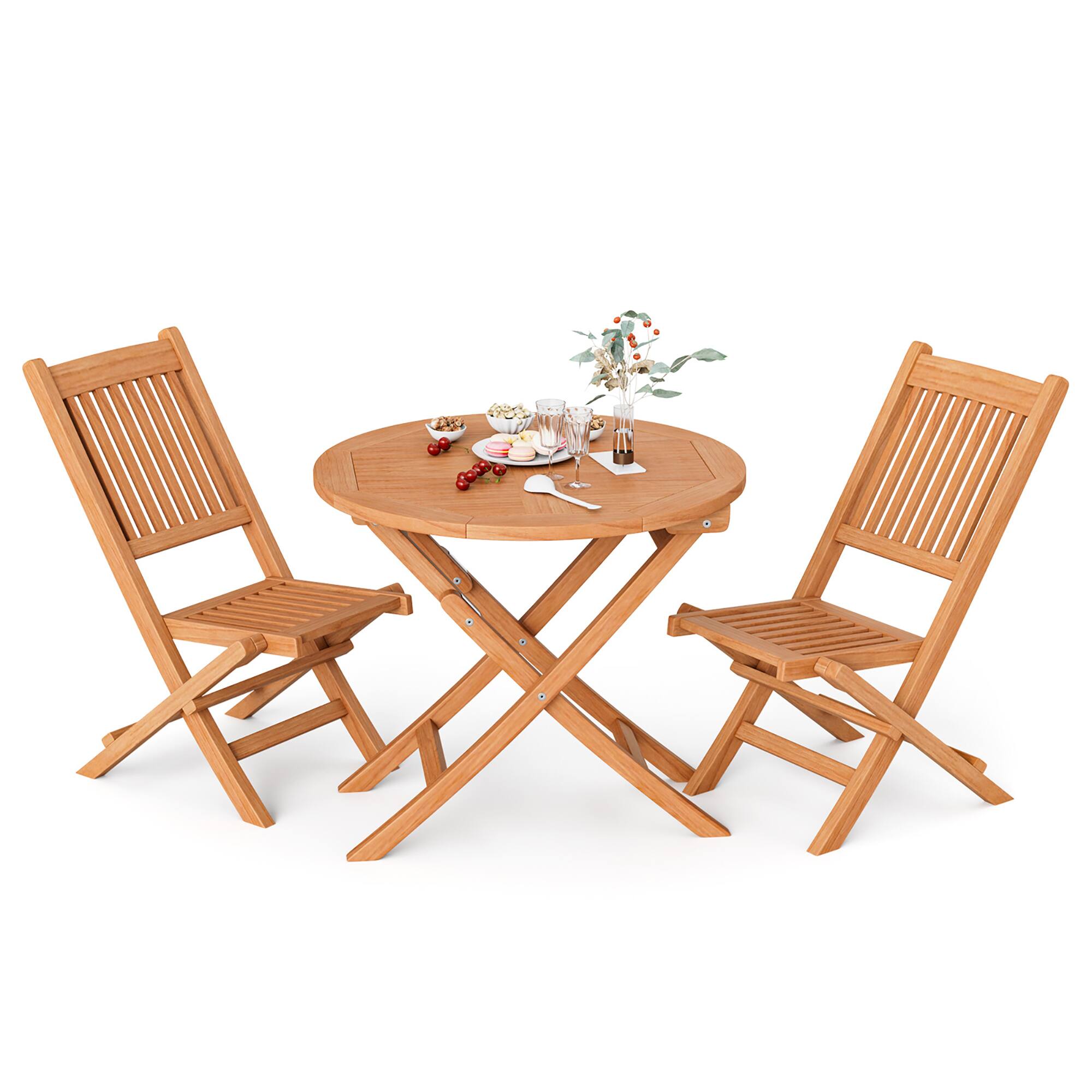 Front. Gymax - Gymax 3PCS Outdoor Indonesia Teak Wood Bistro Dining Set Folding Chair & Table Slatted  Patio - Natural.