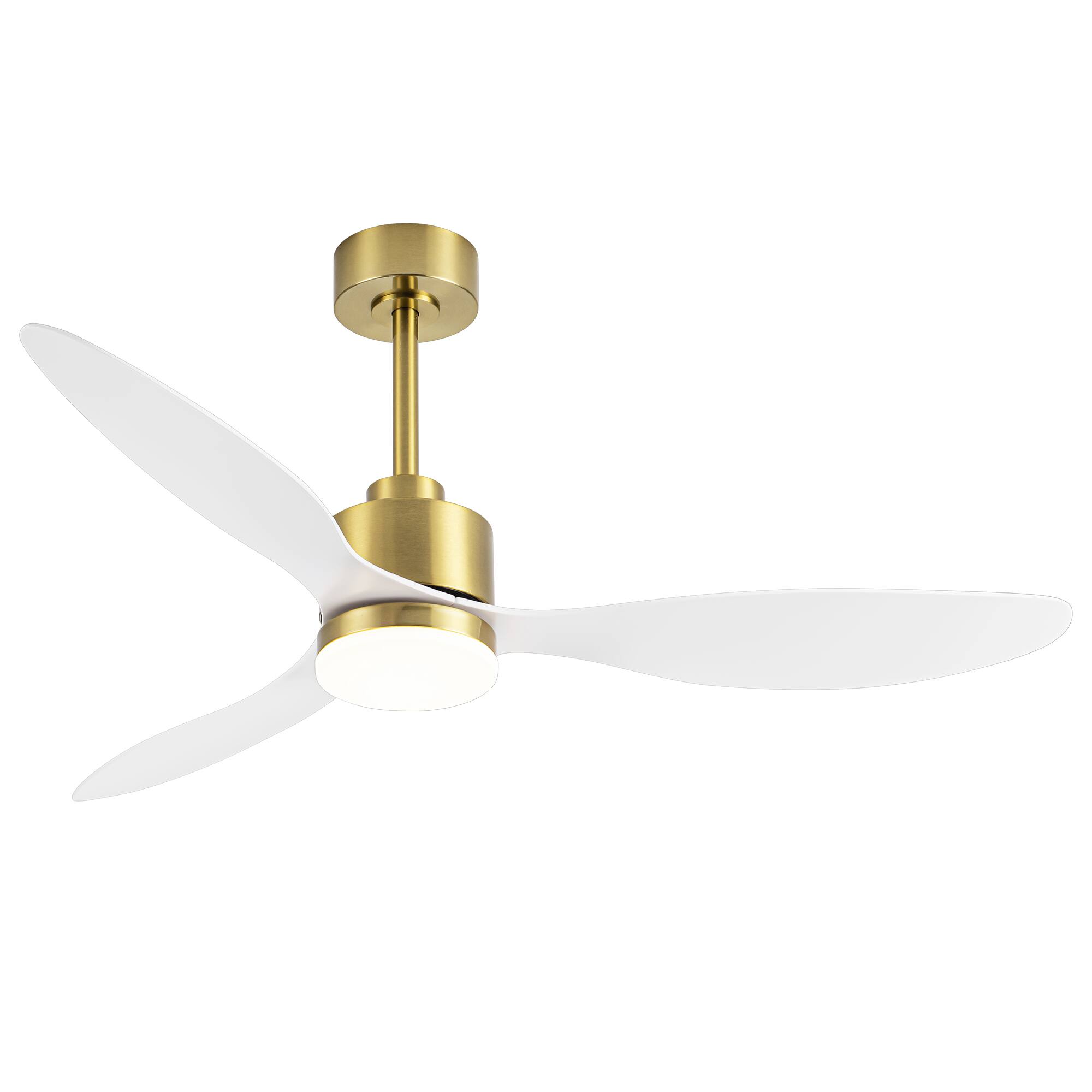 Angle. Breezary - 52" Indoor Ceiling Fan, 3 ABS Blades, 6-Speed DC Motor, Remote Control, Memory/Timer, 3-Color LED Light, 5"/10" Downrods - Gold and White.