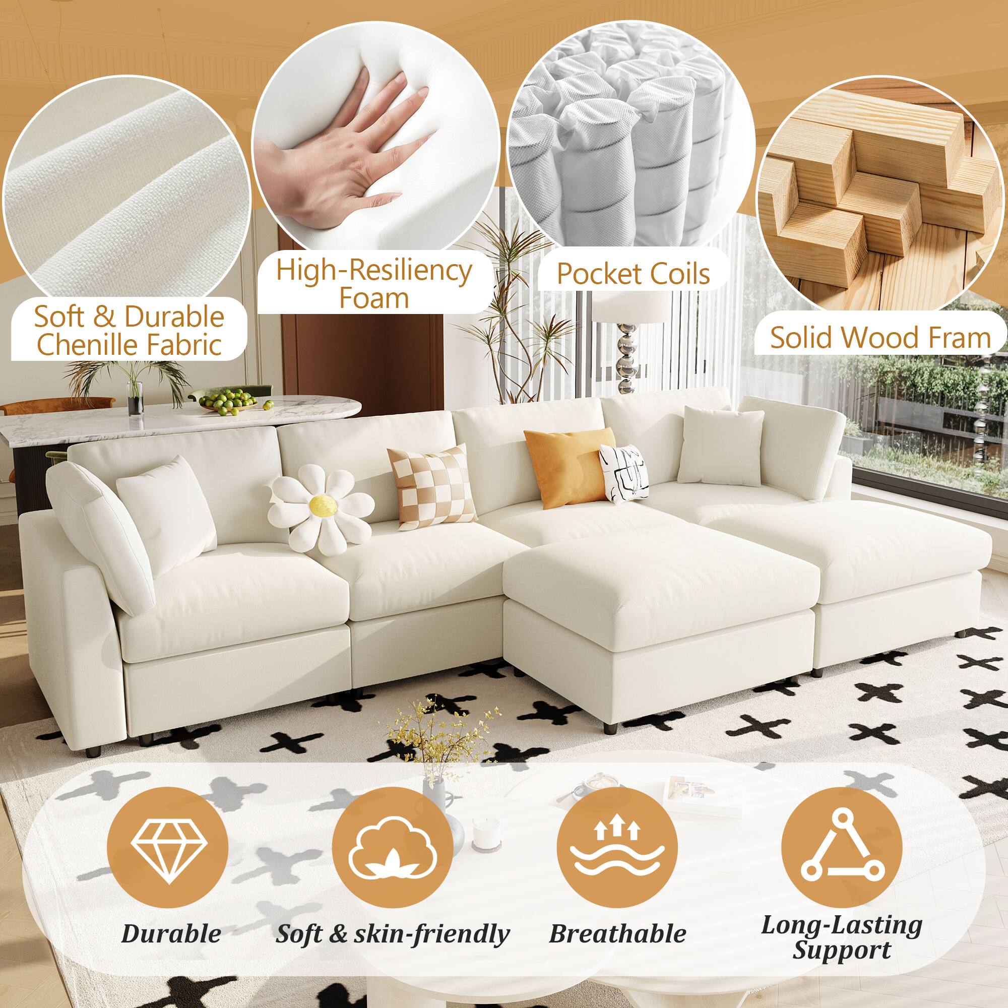 High-Resiliency Foam  
Soft & Durable Chenille Fabric  
Pocket Coils  
Solid Wood Frame  
Durable  
Soft & skin-friendly  
Breathable  
Long-Lasting Support