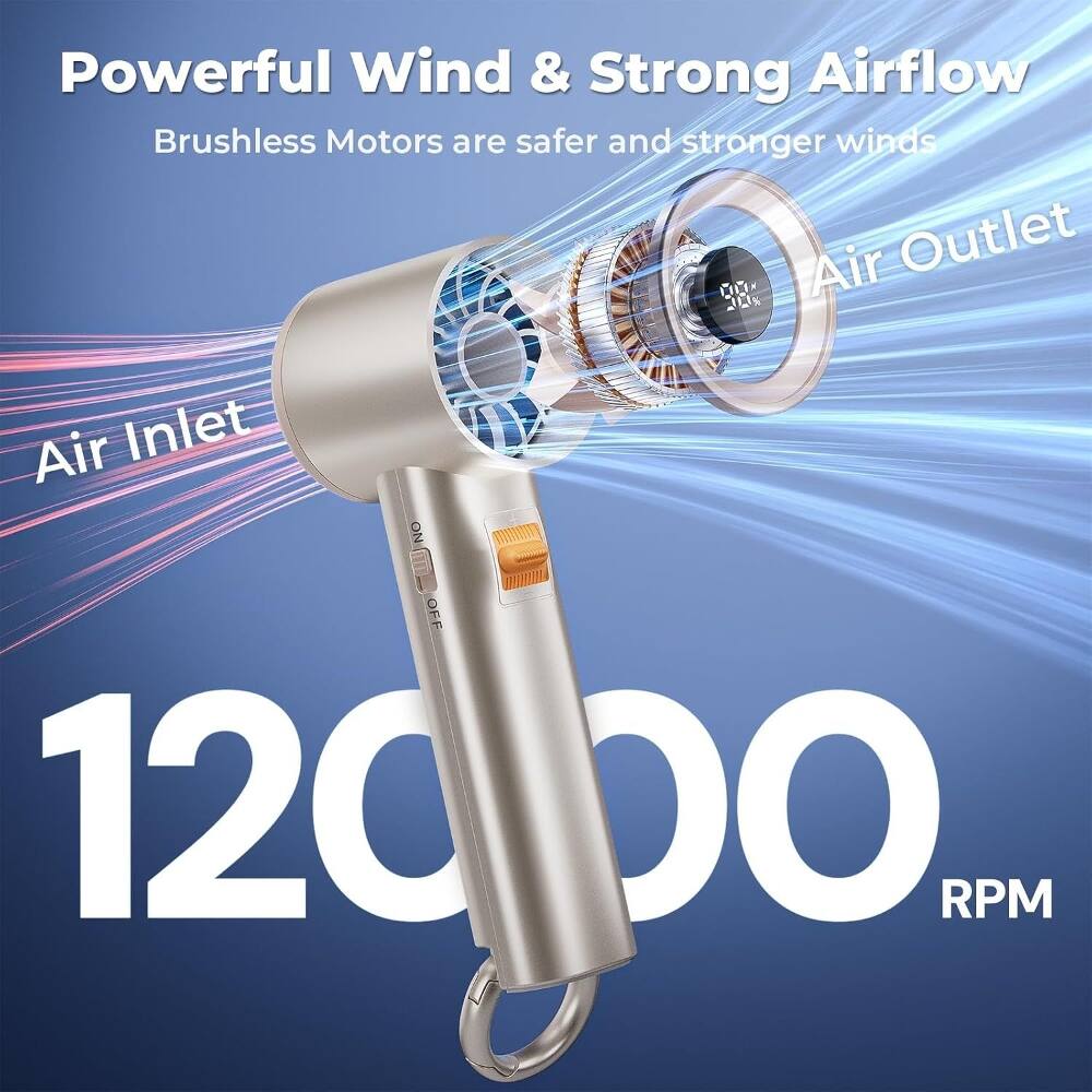 Powerful Wind & Strong Airflow  
Brushless Motors are safer and stronger winds  
Air Outlet  
Air Inlet  
12000 RPM