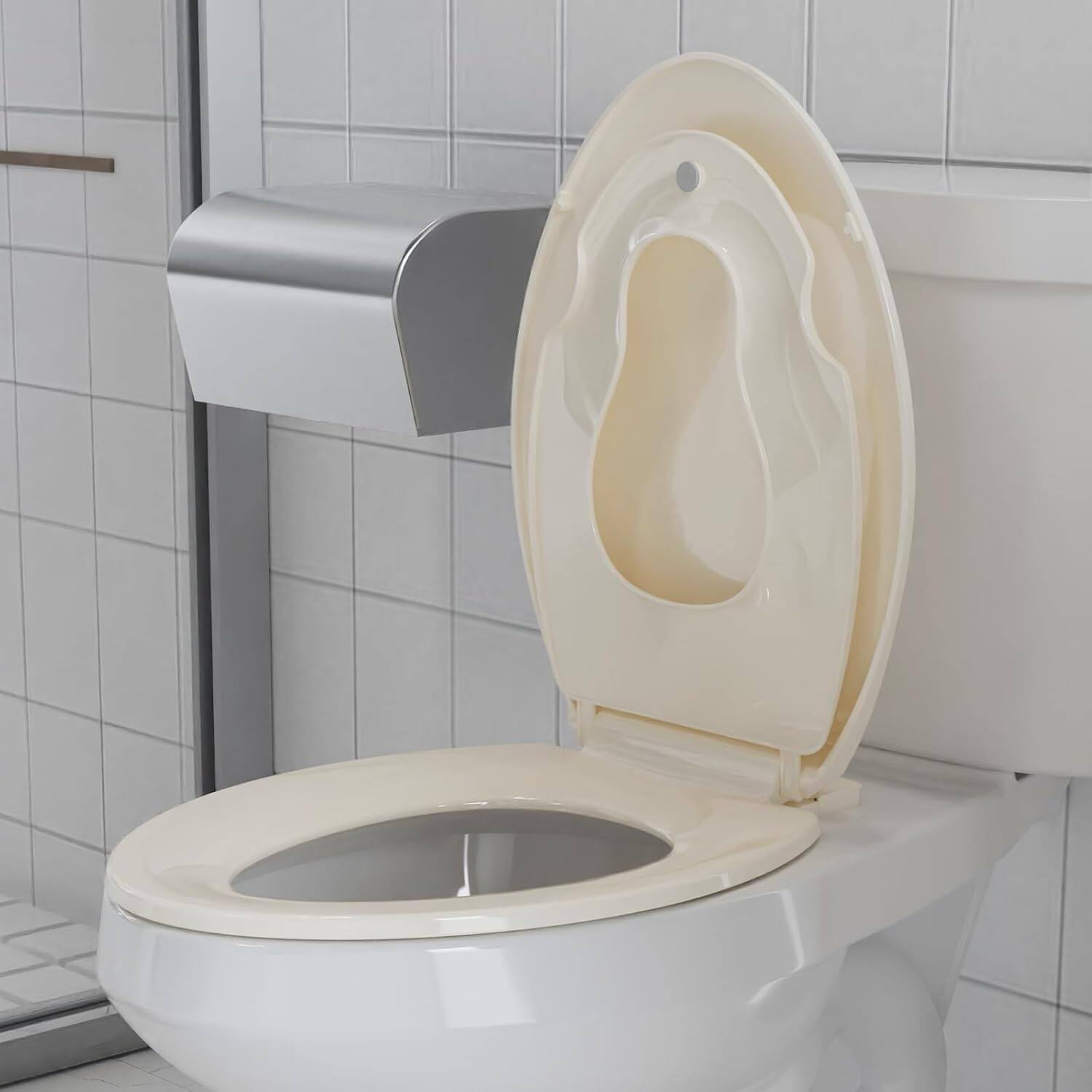 Left. Jojoka - 19inch Almond Elongated Toilet Seat with Built-in Toddler, Slow Close, Child & Adult, Potty Training, Bottom Fixing - Chrome.