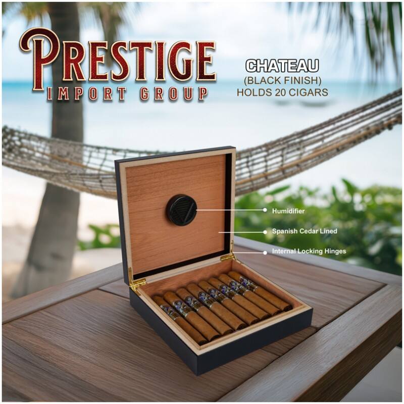 PRESTIGE (BLACK CHATEAU FINISH) IMPORT GROUP HOLDS 20 CIGARS  
Humidifier  
Spanish Cedar Lined  
Internal Locking Hinges