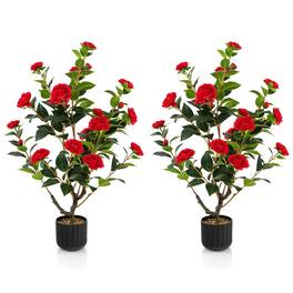 Gymax - 2-Pack 38'' Artificial Camellia Tree Faux Floral Plant for Decoration - Red