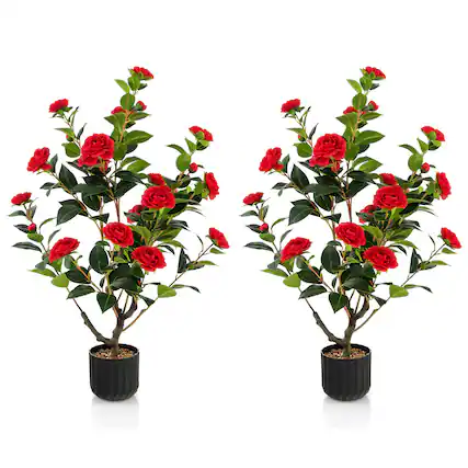 Front. Gymax - Gymax 2-Pack 38'' Artificial Camellia Tree Faux Floral Plant for Decoration Red - Red.