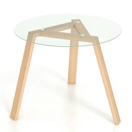 Pefilos - 35.5 Inches Round Glass Dining Table for 4 with Rubber Wood Frame-Natural - Brown