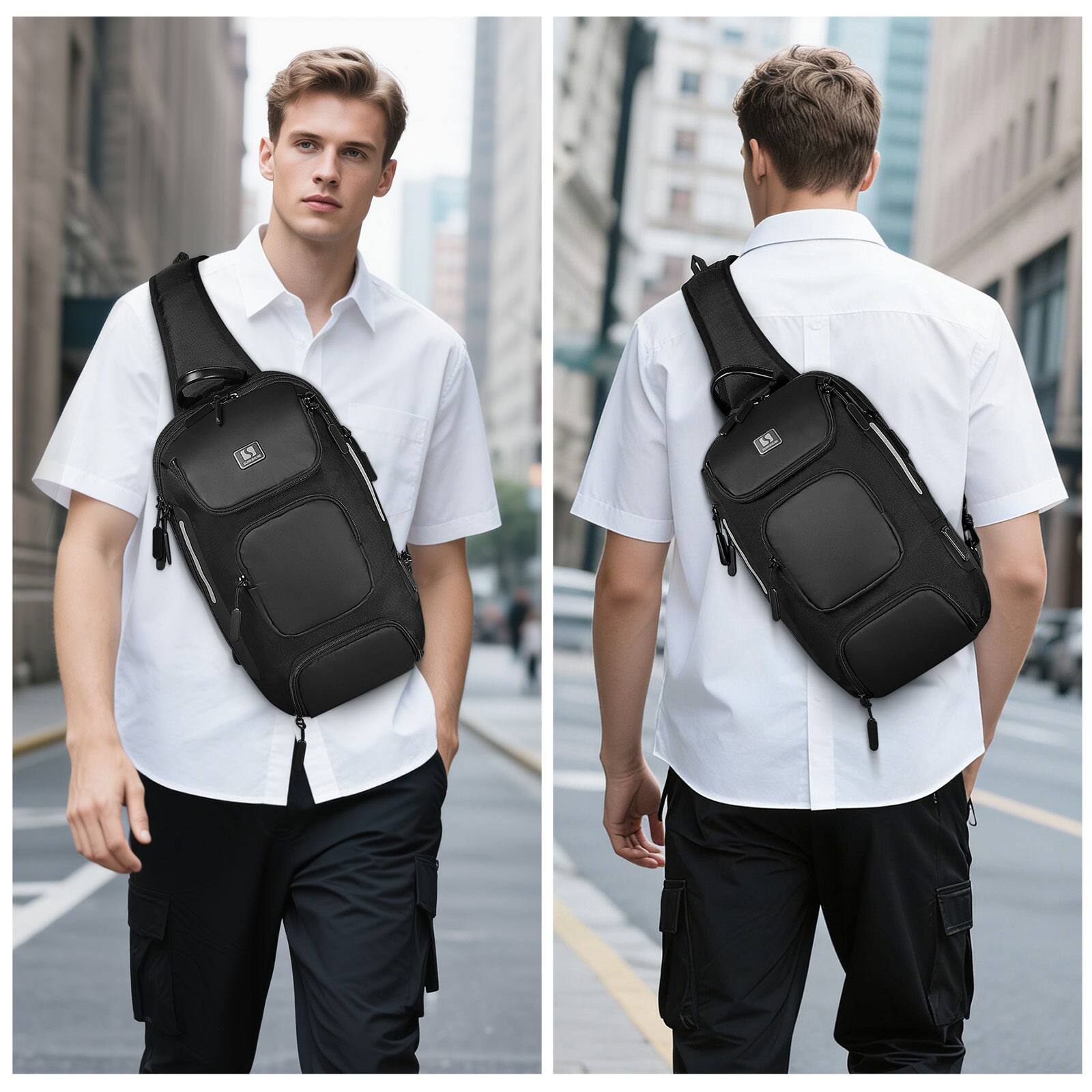 Alt View 5. Unique Bargains - Sling Bag for Men Anti Theft Mini Backpack with USB Charge Port Lightweight Convertible Crossbody One Strap Casual Pack - Black.