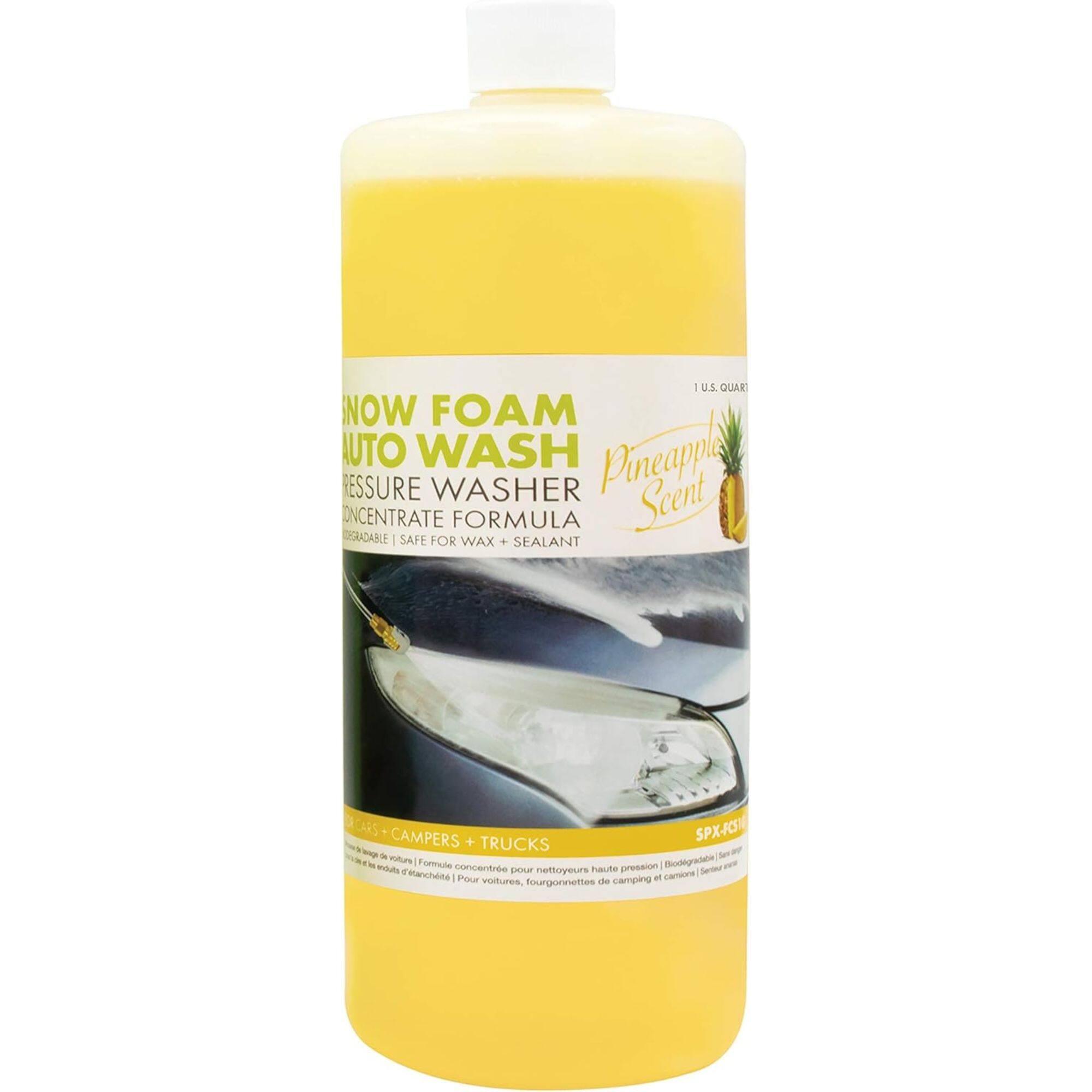 NOW FOAM AUTO WASH  
PRESSURE WASHER  
CONCENTRATE FORMULA  

Pineapple Scent  

1 U.S. QUART  

BIOGRADABLE | SAFE FOR WAX + SEALANT  

CARS + CAMPERS + TRUCKS  

SPX-FCS  

Nettoyage haute pression | Bio dégradable  
Nettoyeurs haute pression | Bio dégradable  
Nettoyage de camping et camionnettes | Bio dégradable