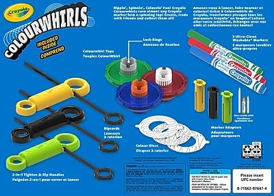 **Crayola Colourwhirls**

**Included Inside / Comprend**

- **Colourwhirl Tops / Tops de Colourwhirl**
- **Lock Rings / Anneaux de Serration**
- **2-in-1 Tighten & Rip Handles / Poignées 2-en-1 pour Serrer et Lancer**
- **Ripcords / Lanières de Rétention**
- **Colour Discs / Disques à Colorier**
- **3 Ultra-Clean Washable Markers / 3 Marqueurs Lavables Ultra-Clean**
- **Marker Adapters / Adaptateurs pour Marqueurs**

**Rippin', Spinnin', Colourin' Fun with Crayola Colourwhirls! / Rippin', Spinnin', Colourin' Fun avec les Colourwhirls de Crayola!**

- Colourwhirls turn any Crayola marker into a spinning, creative, fun toy! / Les Colourwhirls transforment n'importe quel marqueur Crayola en un jouet tournant, créatif et amusant!
- Create, trade, and compete with friends and collect them all! / Créez, échangez et compétinez avec