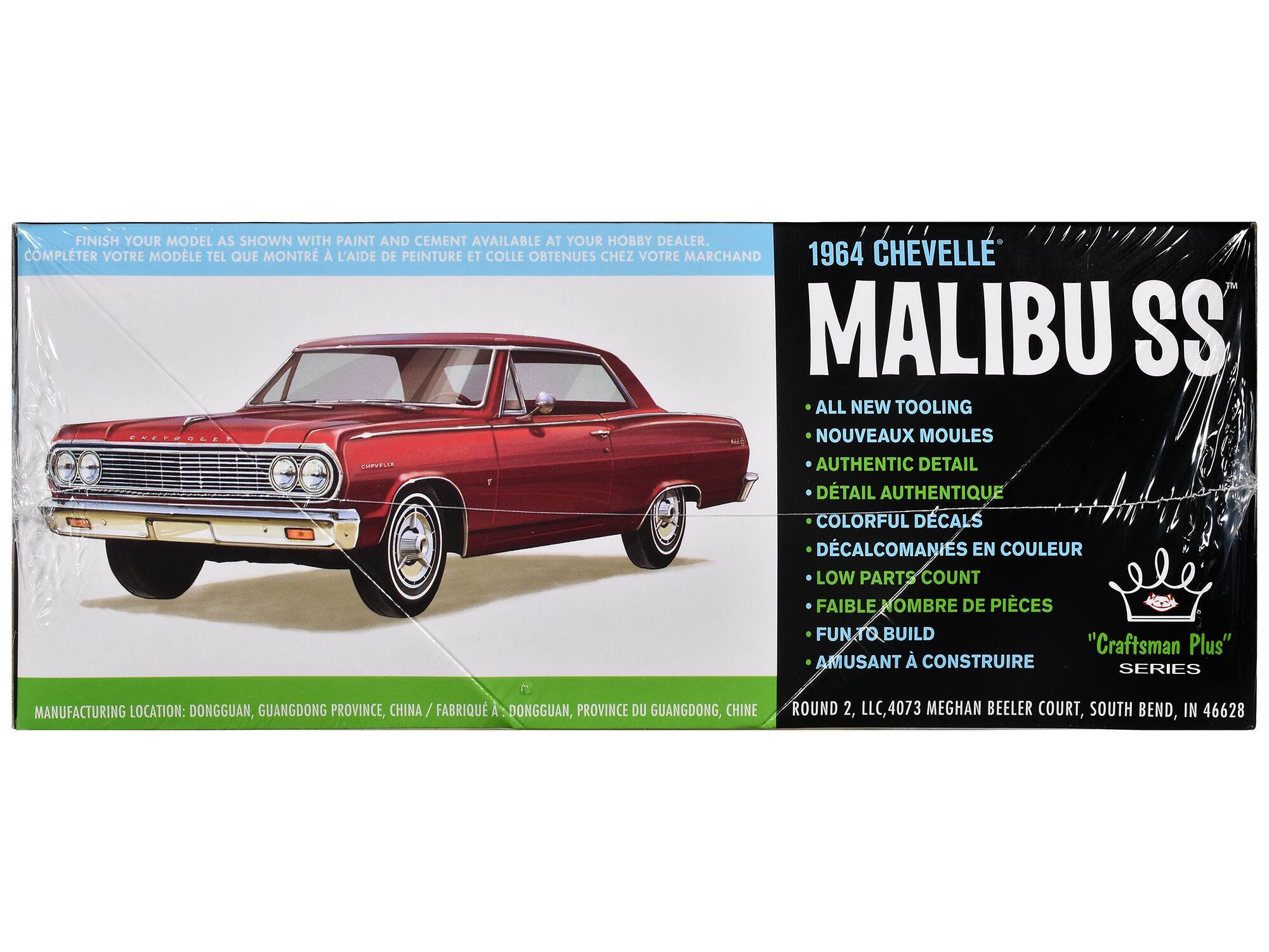 Sure, here is the corrected and grouped text from the image:

---

**FINISH YOUR MODEL AS SHOWN WITH PAINT AND CEMENT AVAILABLE AT YOUR HOBBY DEALER.**  
**COMPLÉTER VOTRE MODÈLE TEL QUE MONTRÉ À L'AIDE DE PEINTURE ET COLLE OBTENUES CHEZ VOTRE MARCHAND**

**1964 CHEVELLE MALIBU SS**  
**ALL NEW TOOLING**  
**NOUVEAUX MOULES**  
**AUTHENTIC DETAIL**  
**DÉTAIL AUTHENTIQUE**  
**COLORFUL DECALS**  
**DÉCALCOMANIES EN COULEUR**  
**LOW PARTS COUNT**  
**FAIBLE NOMBRE DE PIÈCES**  
**FUN TO BUILD**  
**AMUSANT À CONSTRUIRE**

**"Craftsman Plus" SERIES**

**MANUFACTURING LOCATION:**  
**DONGGUAN, GUANGDONG PROVINCE, CHINA**  
**FABRIQUÉ À:**  
**DONGGUAN, PROVINCE DU GUANGDONG, CHINE**

**ROUND 2, LLC, 4073 M