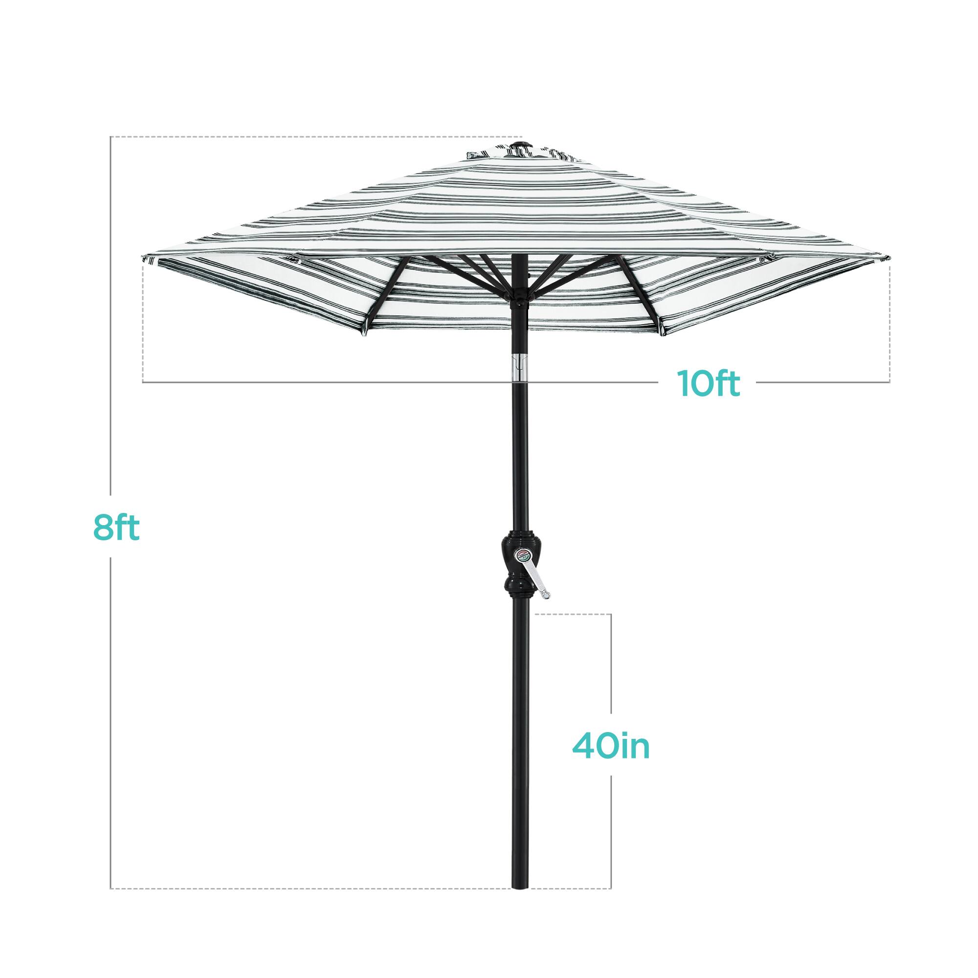 The dimensions of the umbrella are:

- Width: 10 feet
- Height: 8 feet
- Depth: 40 inches