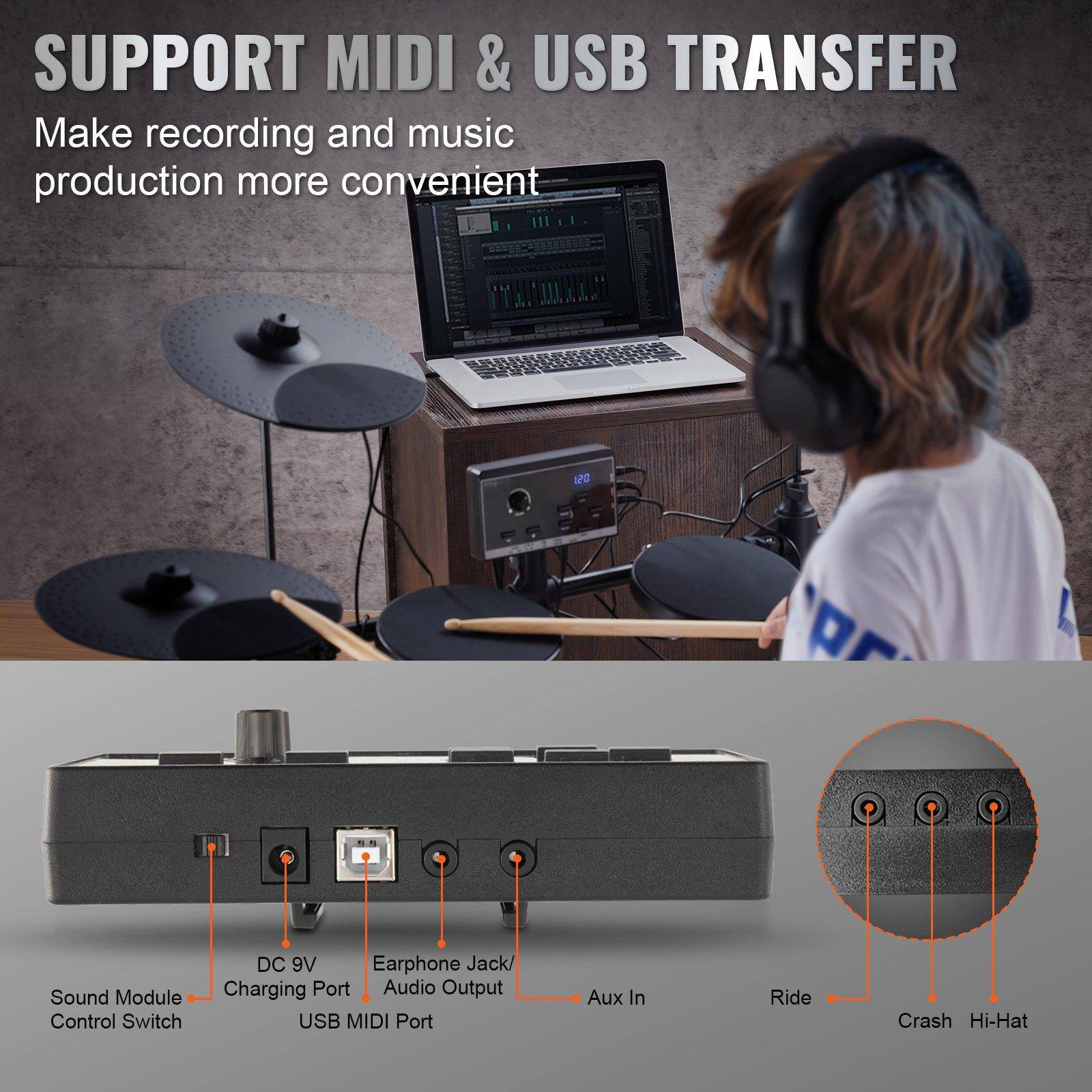 SUPPORT MIDI & USB TRANSFER

Make recording and music production more convenient

- Sound Module Control Switch
- DC 9V Charging Port
- Earphone Jack/ Audio Output
- USB MIDI Port
- Aux In
- Ride
- Crash
- Hi-Hat