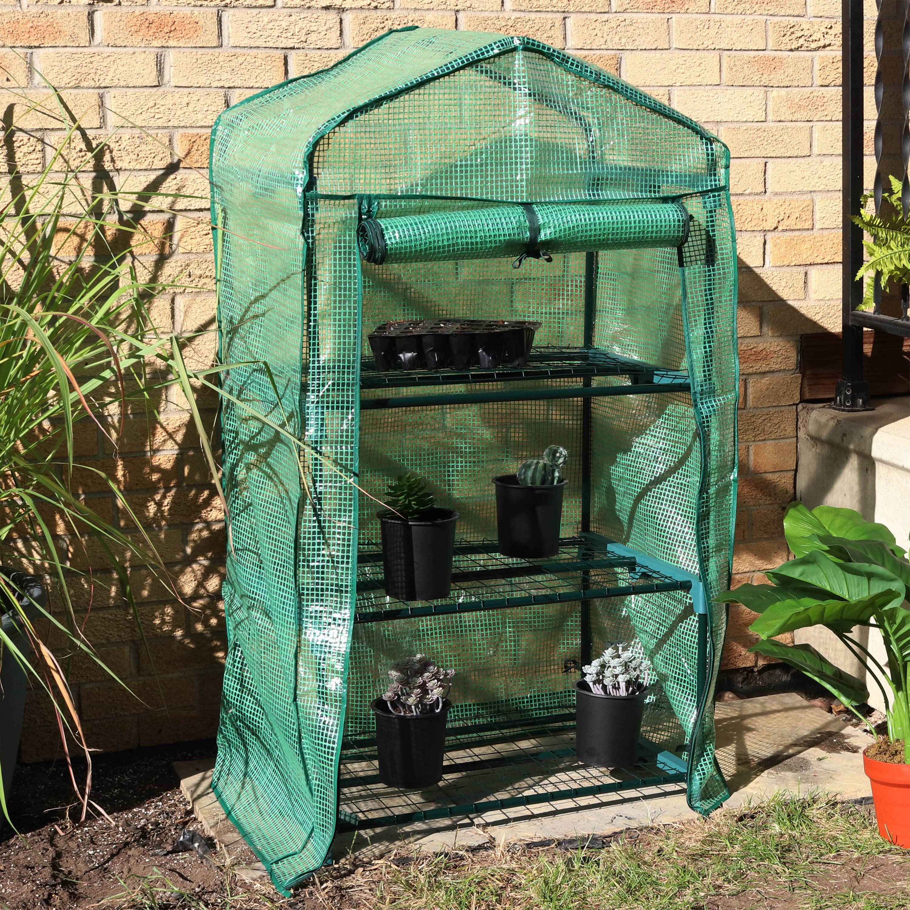 Alt View 5. Sunnydaze - Iron PVC Cover Mini Greenhouse with 3 Shelves/Zipper - Green.