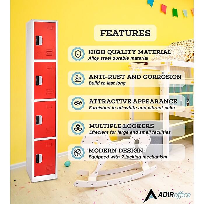 FEATURES
HIGH QUALITY MATERIAL
Alloy steel durable material
ANTI-RUST AND CORROSION
Build to last long
ATTRACTIVE APPEARANCE
Furnished in off-white and vibrant color
MULTIPLE LOCKERS
Effecient for large and small facilities
MODERN DESIGN
Equipped with 2 locking mechanism
ADIRoff office