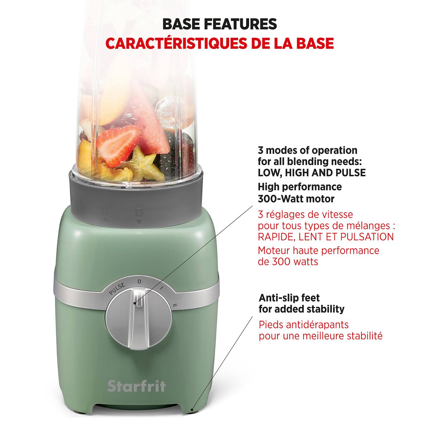 BASE FEATURES  
CARACTÉRISTIQUES DE LA BASE  

3 modes of operation for all blending needs: LOW, HIGH AND PULSE  
3 réglages de vitesse pour tous types de mélanges : RAPIDE, LENT ET PULSATION  

High performance 300-Watt motor  
Moteur haute performance de 300 watts  

Anti-slip feet for added stability  
Pieds antidérapants pour une meilleure stabilité  

Starfrit