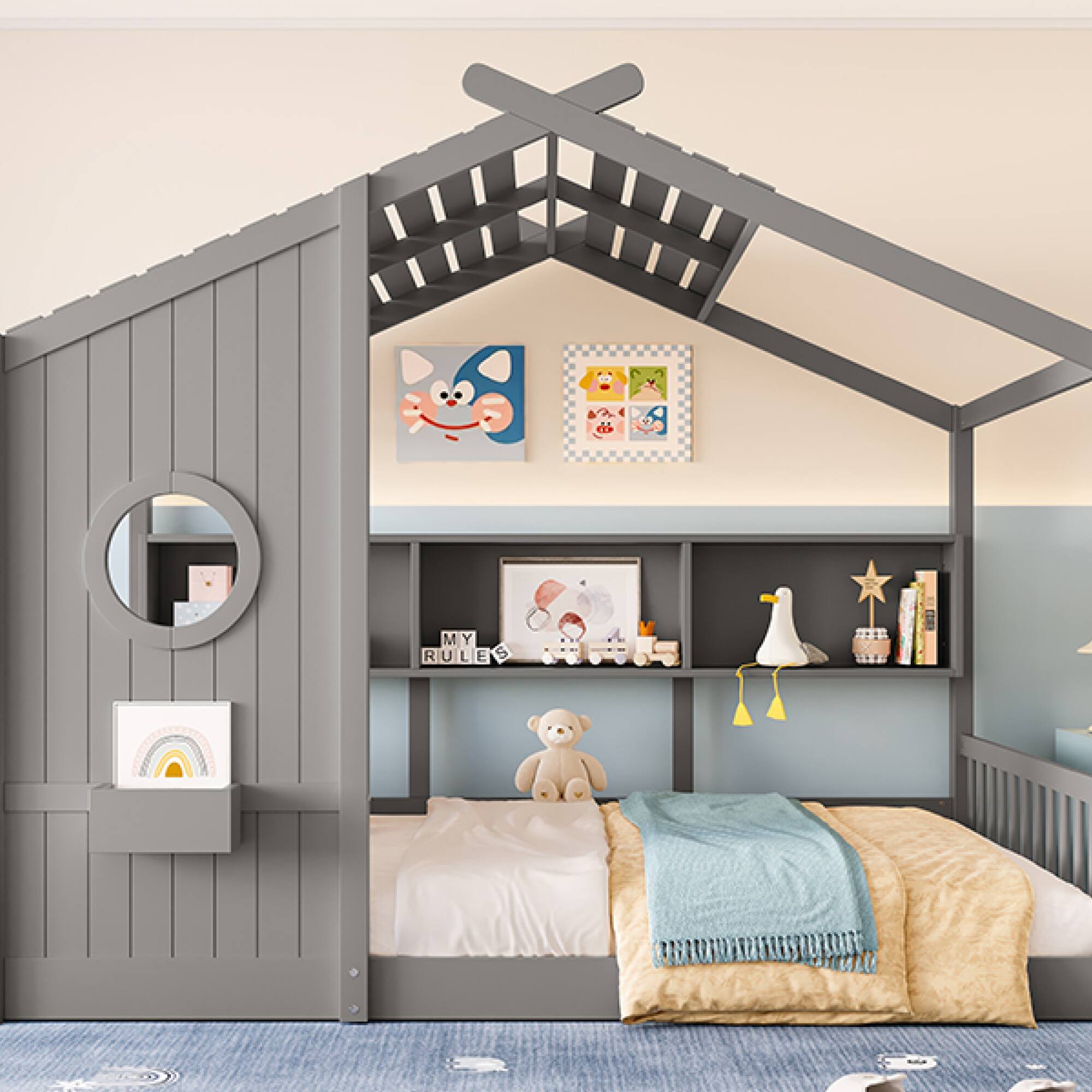 Alt View 7. GOODSILO - Montessori Floor House Bed for Toddlers with Storage Shelf and Playhouse Roof Design - Gray.