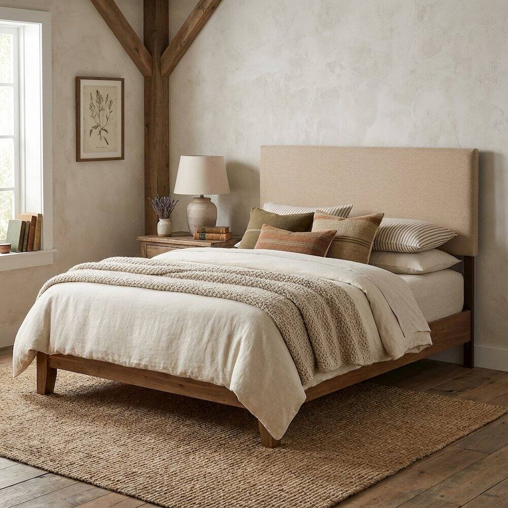 Angle. FurniFact - Upholstered Queen Headboard with Padded Design and Durable Frame - Brown.