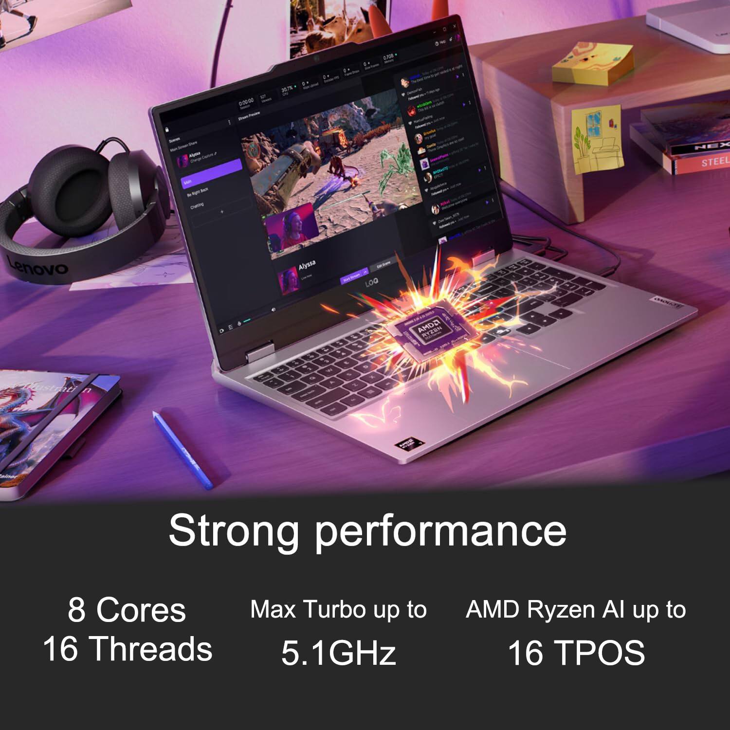 B 0000 - HEX STEEL a - Lenovo Musteati Alyssa LOG - L & S - AMDO RTTEN OU CRNCE - Strong performance 8 Cores Max Turbo up to 5.1GHz AMD Ryzen Al up to 16 TPOS