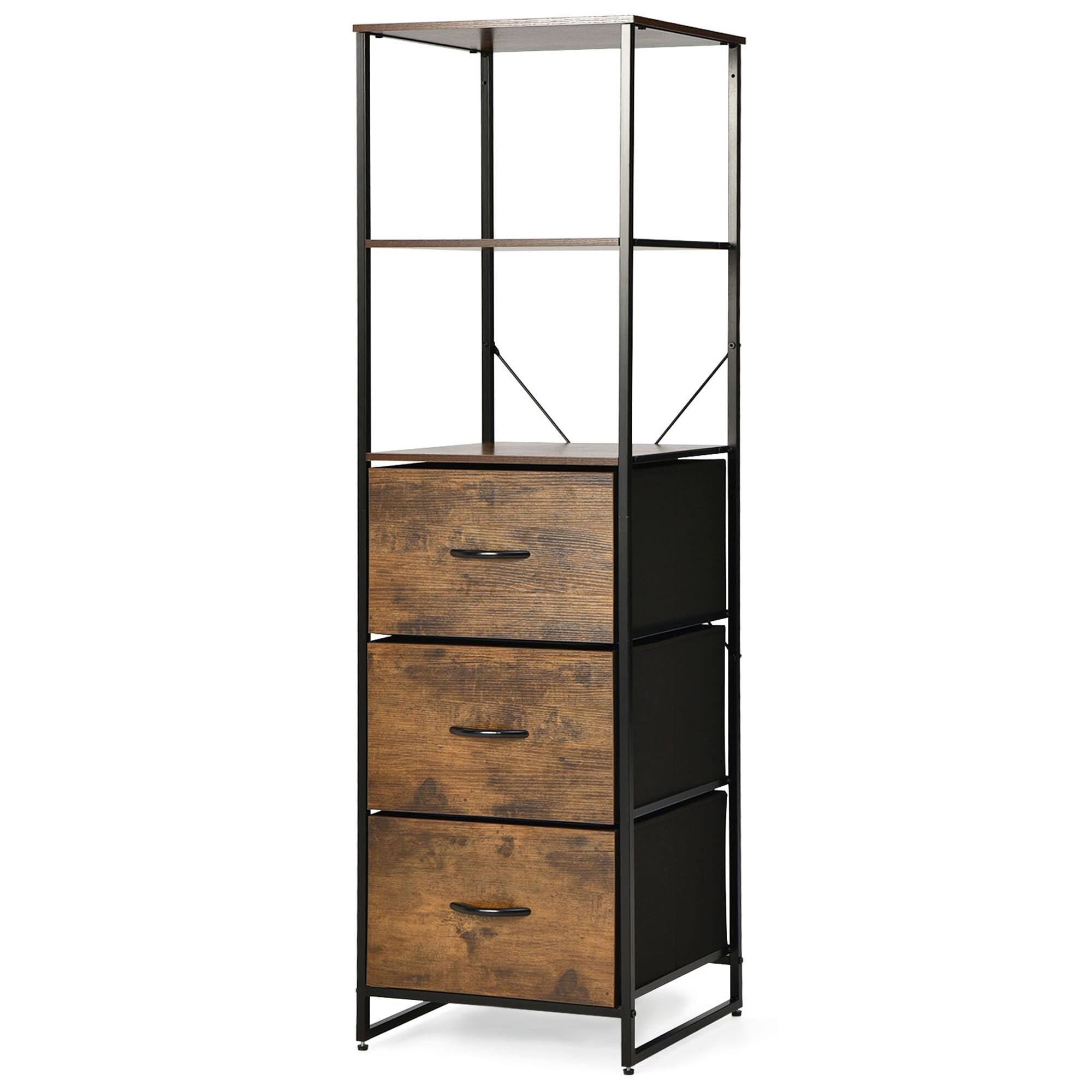 Alt View 9. Gymax - Gymax 2PCS Industrial 3-tier Bookshelf 3 Drawers Dresser for Study Bedroom Living Room - Rustic Brown & Black.
