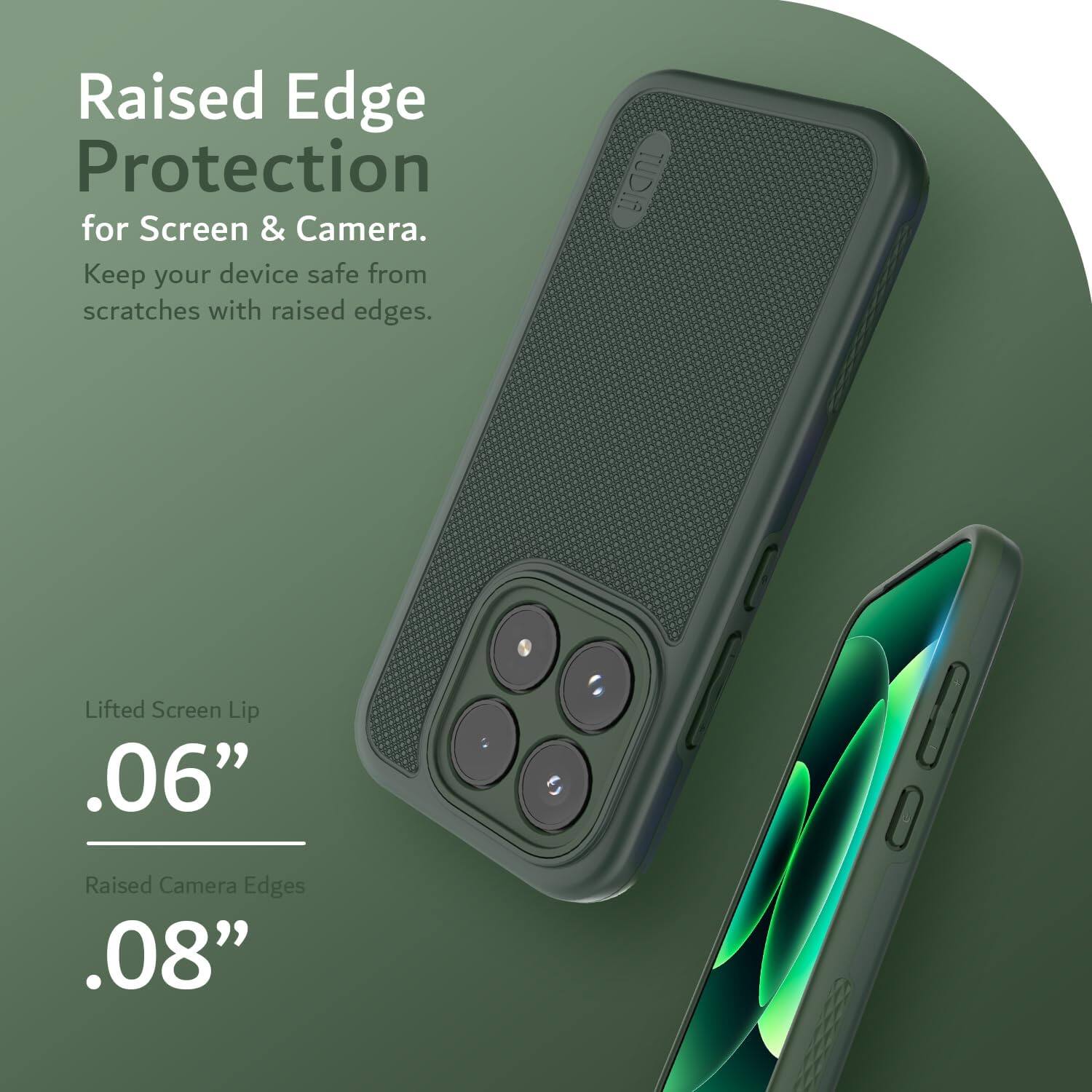 Raised Edge Protection for Screen & Camera. Keep your device safe from scratches with raised edges. TUDIA Lifted Screen Lip .06" Raised Camera Edges .08"