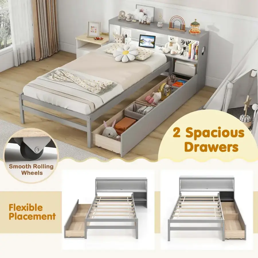 The text on the image reads: "2 Spacious Drawers Smooth Rolling Wheels Flexible Placement."