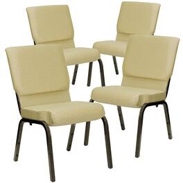 Emma + Oliver - 4 Pack 18.5''W Stacking Church Chair - Beige Patterned Fabric/Gold Vein Frame