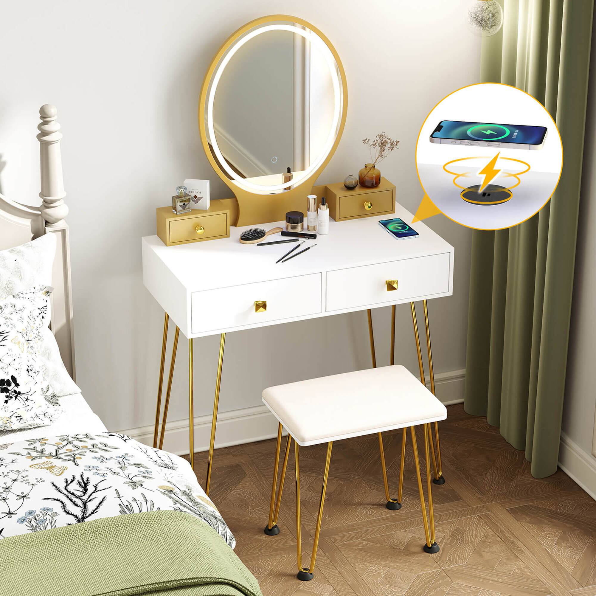 Alt View 1. Costway - Costway Industrial Mirrored Vanity Makeup Dressing Table Padded Stool Set 3-Color Lights - White.