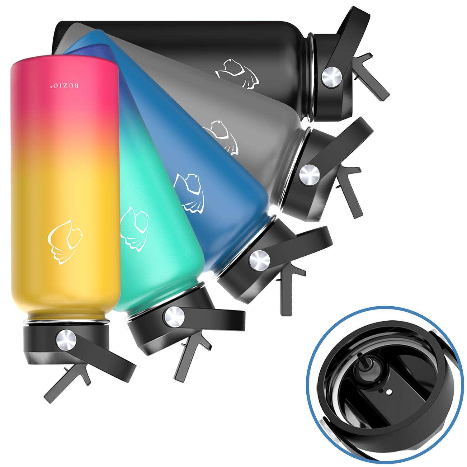 Alt View 14. Buzio - 32oz Insulated Water Bottle with Straw Lid and Spout Lid - Black.