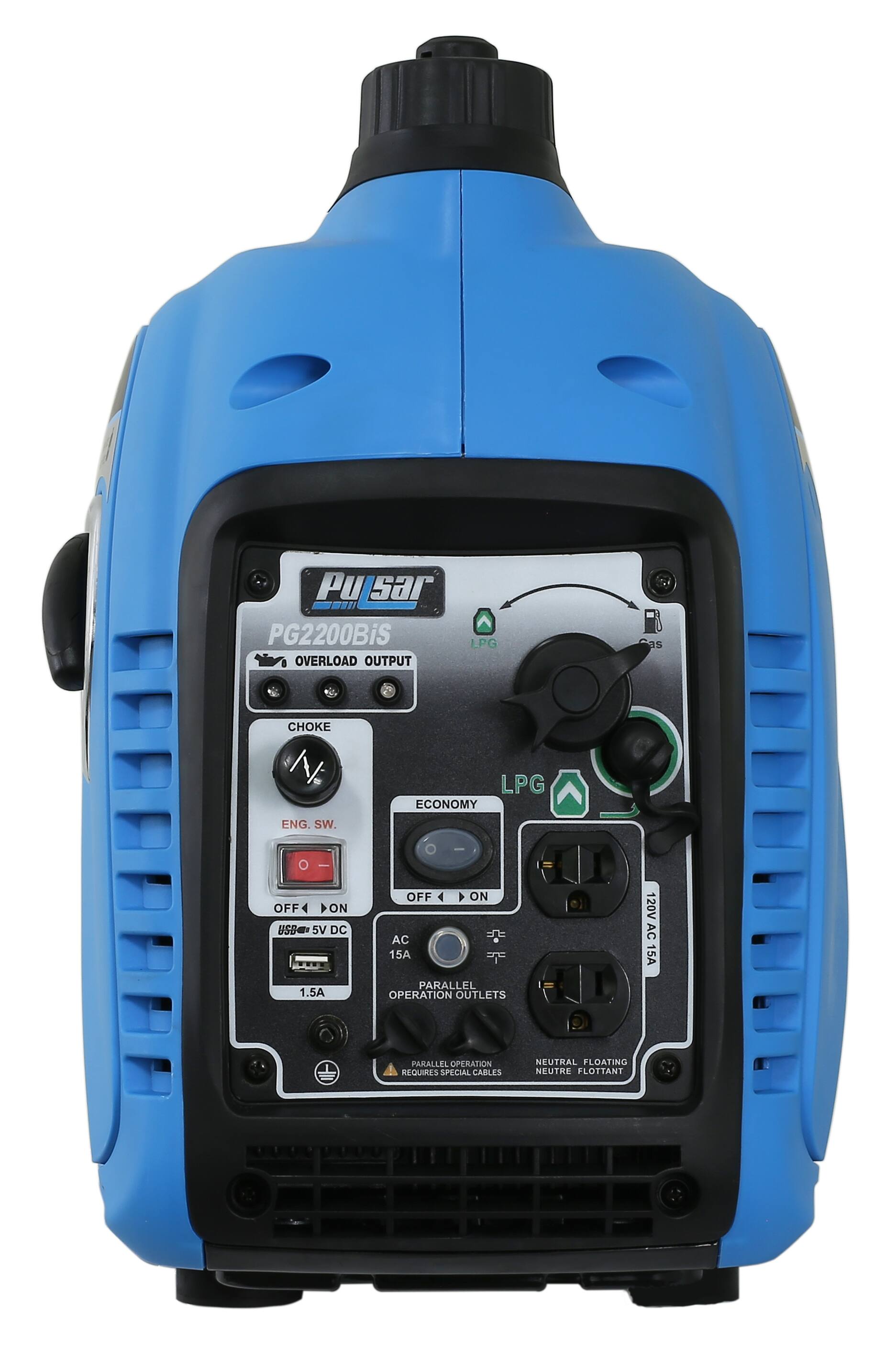 PuSar PG2200BiS  
OVERLOAD OUTPUT  
LPG as CHOKE N LPG ECONOMY  
ENG. SW.  
USB 5V DC 1.5A  
AC 15A  
PARALLEL OPERATION OUTLETS 120V AC 15A  
PARALLEL OPERATION REQUIRES SPECIAL CABLES  
NEUTRAL FLOATING NEUTRE FLOTTANT