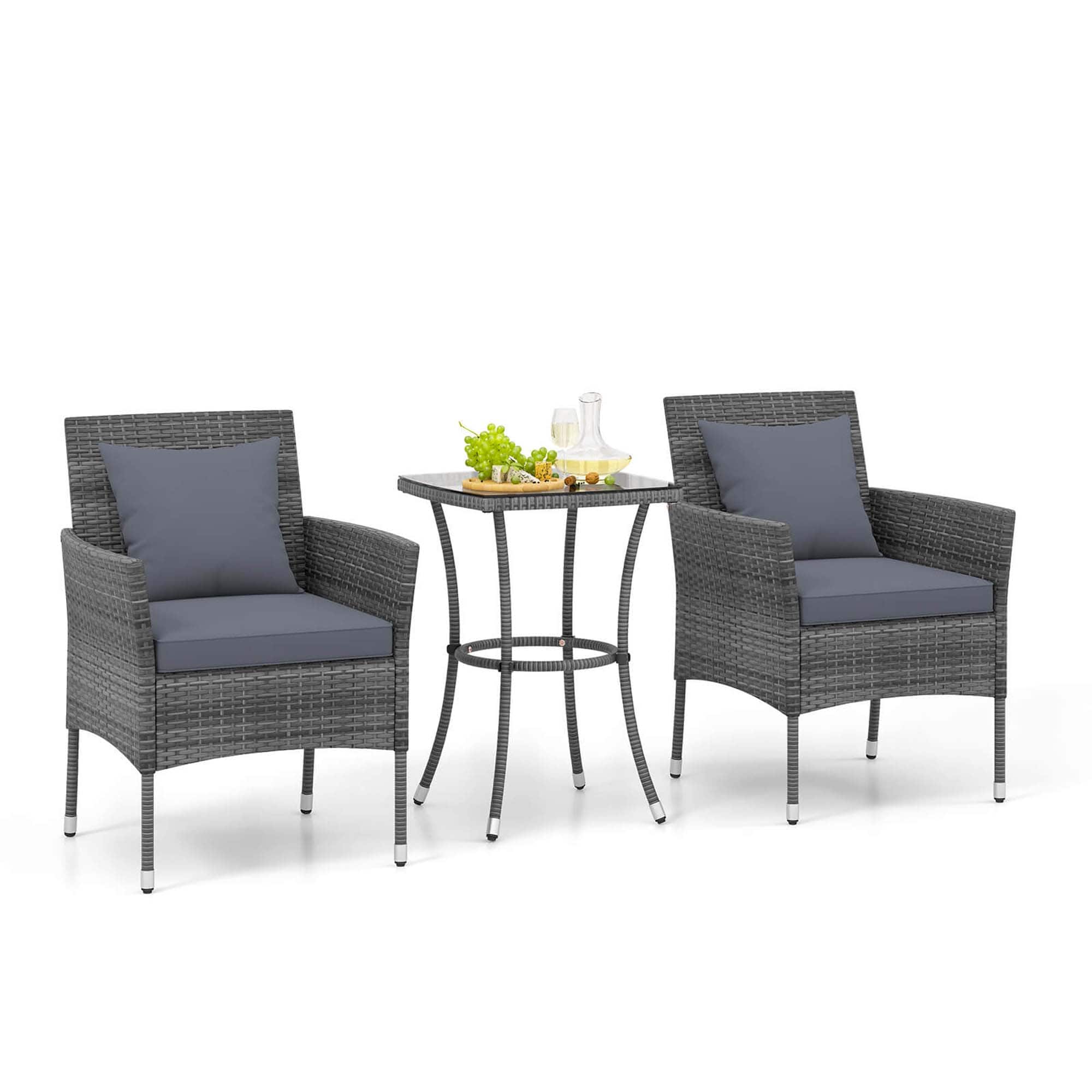 Front. Costway - 3 PCS Patio Furniture Set with Cushioned Patio Chairs & Tempered Glass Coffee Table - Grey + Mix Grey.