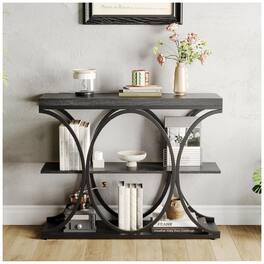 GARVEE - 39 in Farmhouse Console Table for Entryway, 3 Tier Wooden Sofa Table Behind Couch with Storage Shelves & Geometric Legs - Black