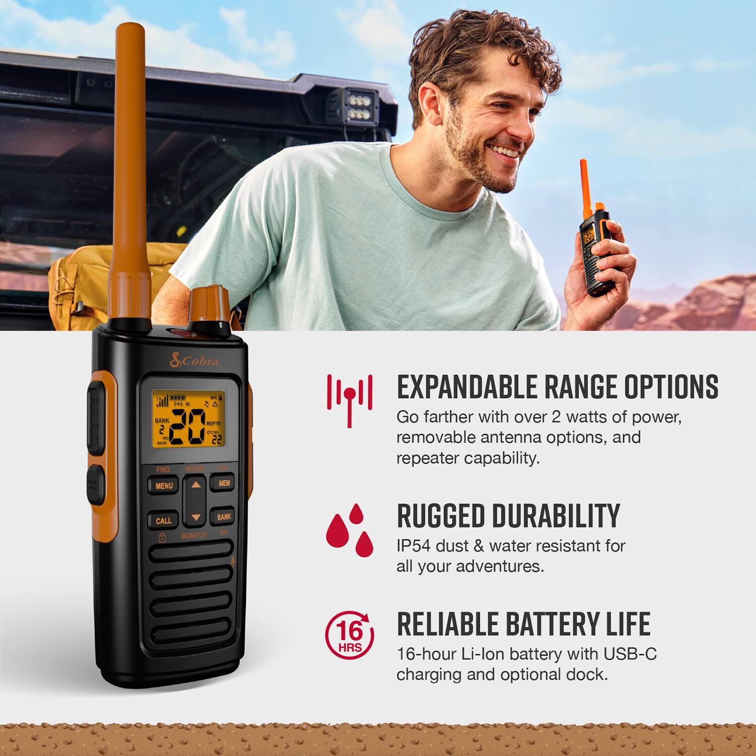 The text on the image is grouped and corrected as follows:

* "S,Cobra ... - 4 Call iNI d  A MAIN ... - 2 20 - 22 HND HILOR EXPANDABLE RANGE OPTIONS Go farther with over 2 watts of power, removable antenna options, and repeater capability. MENU K BANK CALL MONITOR aL RUGGED DURABILITY IP54 dust & water resistant for all your adventures. 16 RELIABLE BATTERY LIFE HRS 16-hour Li-lon battery with USB-C charging and optional dock."