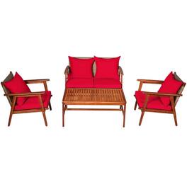 Kadyn - 4 Piece Acacia Wood Patio Rattan Furniture Set, Outdoor Furniture Garden Conversation Sets-Navy - Red