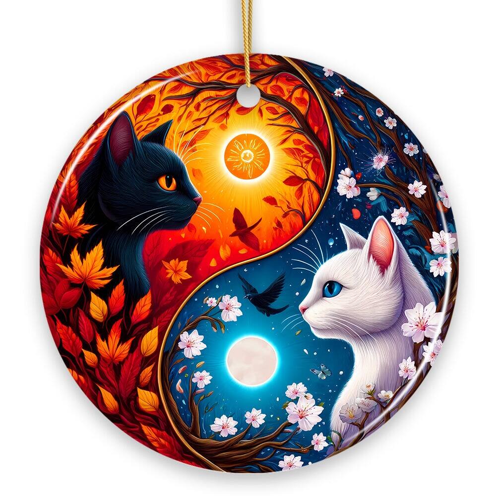 Front. OrnamentallyYou - Mystical Seasons Yin and Yang Cats Ceramic Ornament Gift for White and Black Kitten Lovers - Multi-colored.