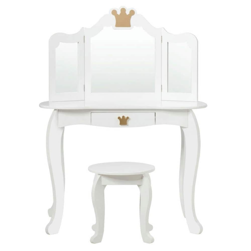 Pefilos - Kids Makeup Dressing Table with Tri-folding Mirror and Stool- Girls Vanity for Girls Kids - White