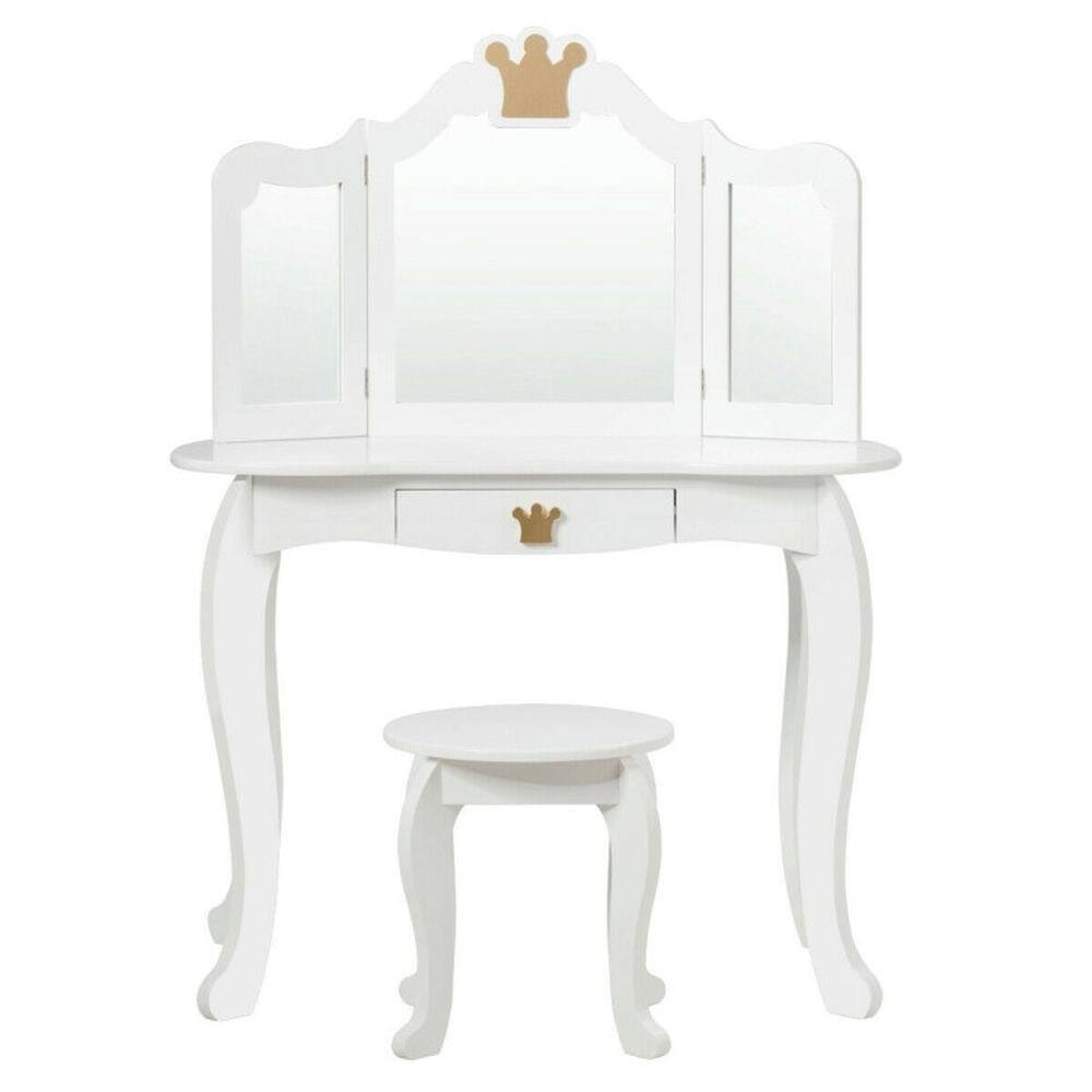 Front. Pefilos - Kids Makeup Dressing Table with Tri-folding Mirror and Stool-White, Girls Vanity for Girls Kids - White.