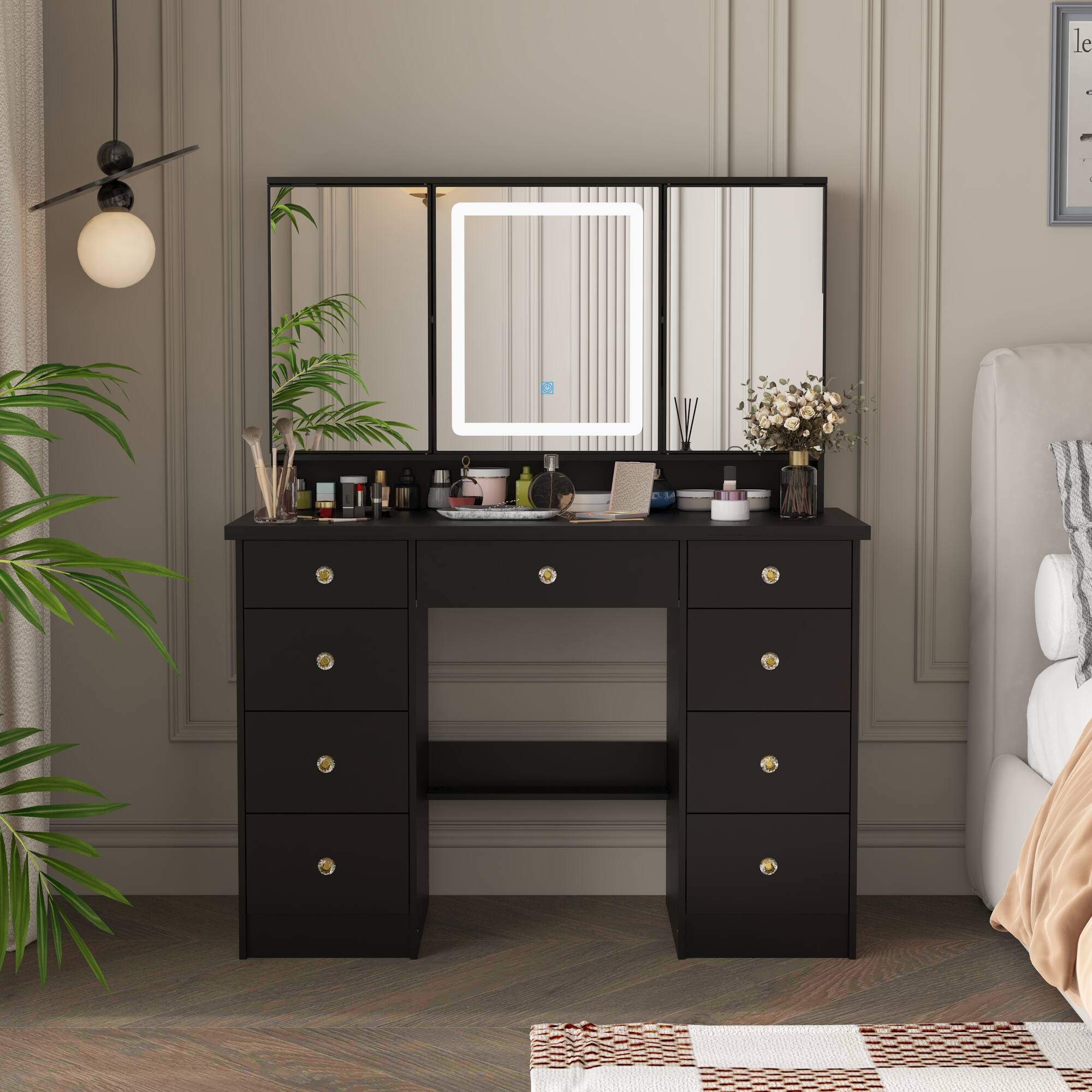 Alt View 4. Famapy - LED Vanity SetSilent Glide Drawers 3-Color Dimmable Mirror Jewelry Organizer & Tri-Fold Glass Modern Dressing Table - Black.