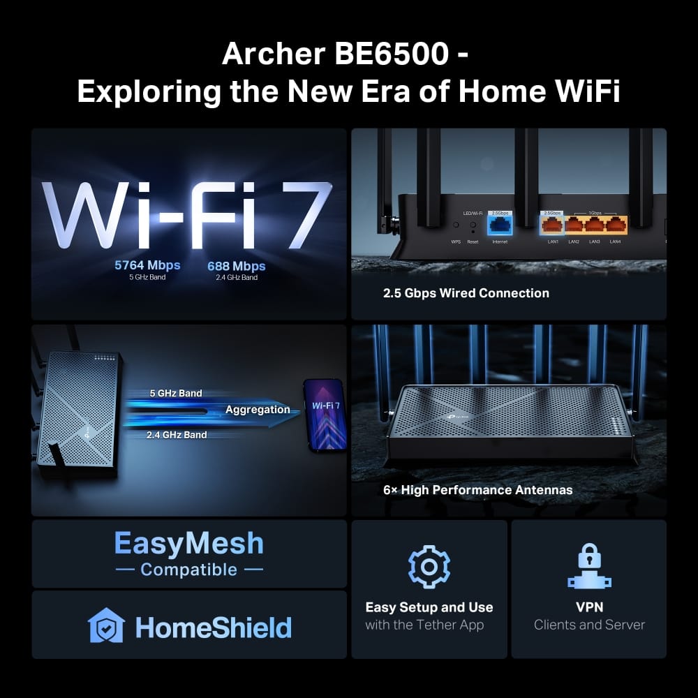 Archer BE6500 - Exploring the New Era of Home WiFi
Wi-Fi 7
5764 Mbps
688 Mbps
5 GHz Band
2.4 GHz Band
2.5 Gbps Wired Connection
6x High Performance Antennas
EasyMesh Compatible
HomeShield
Easy Setup and Use with the Tether App
VPN Clients and Server