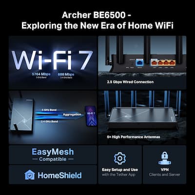 TP Link Archer BE6500 Dual Band Wi Fi 7 Router Black Archer BE6500 TP Link Archer BE6500 Dual Band Wi Fi 7 Router Black Archer BE6500
