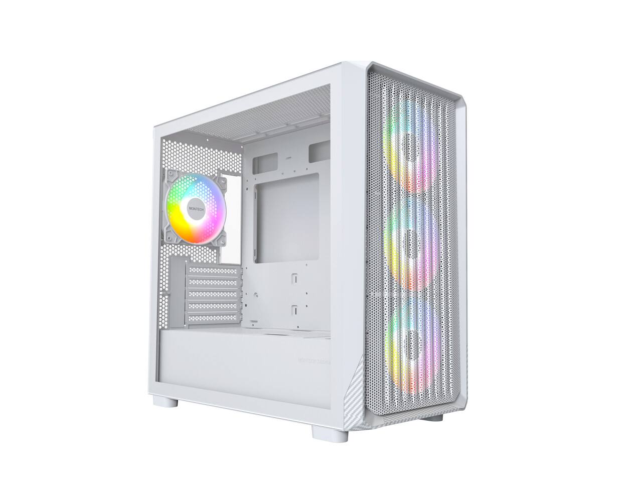 Angle. Montech - MONTECH X5M Micro ATX Gaming Case, 4x120mm ARGB Fans, Glass Side, White - White.