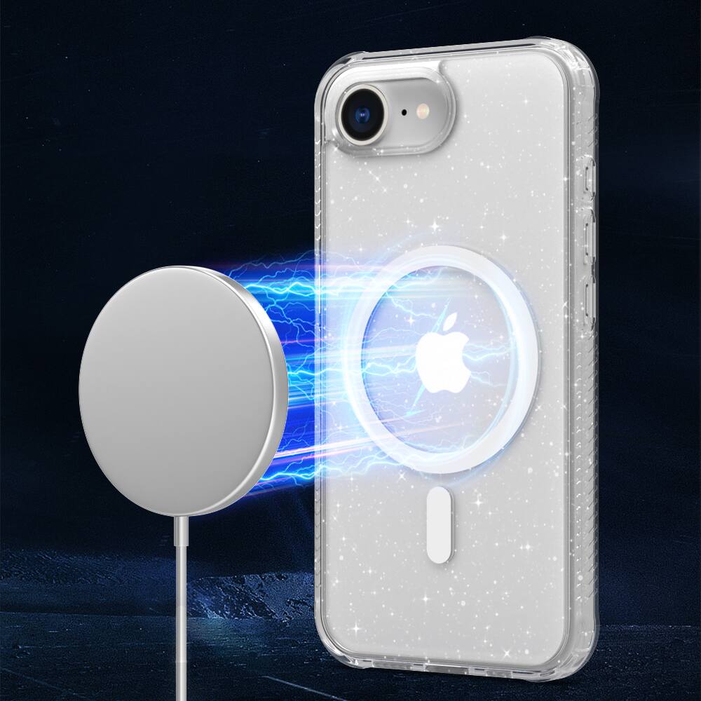 Angle. Dteck - Magnetic for iPhone 17e Case / iPhone 16e Case, Compatible with MagSafe, Translucent Matte Shockproof Phone Cover - Glitter Clear.