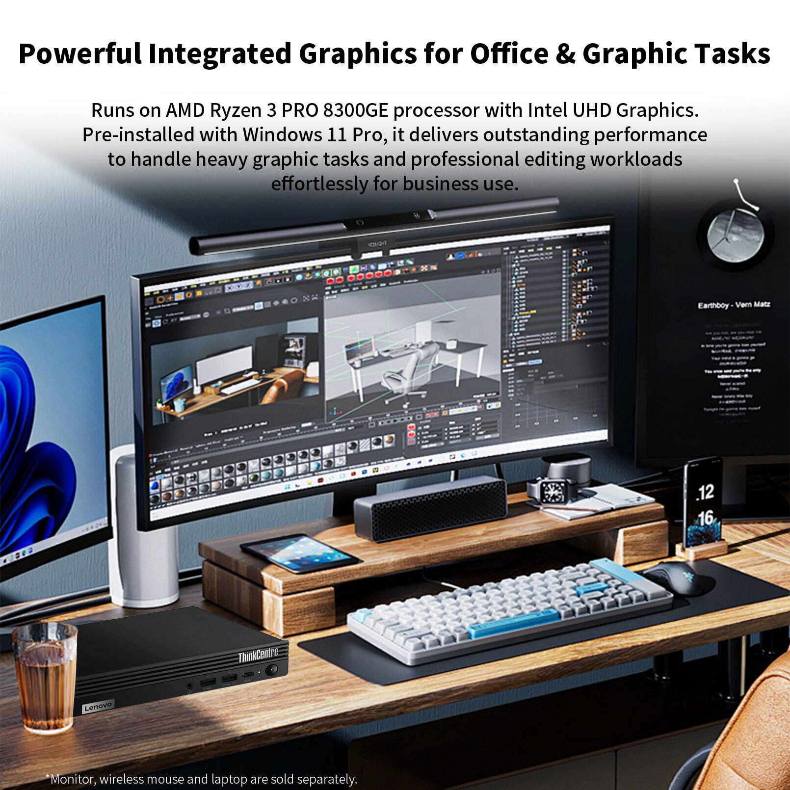 Powerful Integrated Graphics for Office & Graphic Tasks

Runs on AMD Ryzen 3 PRO 8300GE processor with Intel UHD Graphics. Pre-installed with Windows 11 Pro, it delivers outstanding performance to handle heavy graphic tasks and professional editing workloads effortlessly for business use.

Earthboy Vim Mata

12 16

ThinkCentre Lenovo Monitor, wireless mouse and laptop are sold separately.