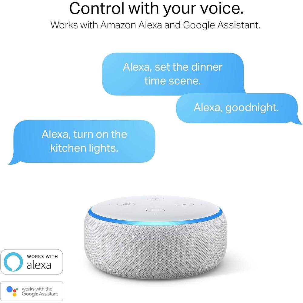 Control with your voice.  
Works with Amazon Alexa and Google Assistant.

Alexa, set the dinner time scene.  
Alexa, goodnight.  
Alexa, turn on the kitchen lights.

WORKS WITH alexa  
works with the Google Assistant