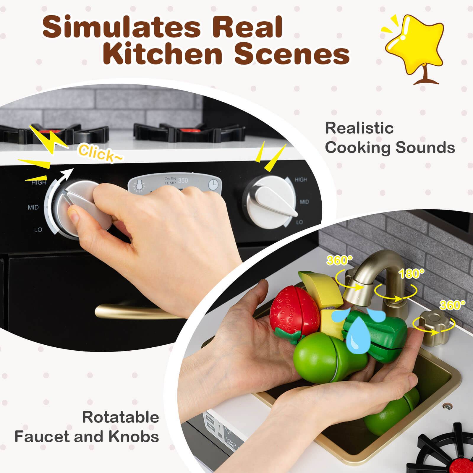 Simulates Real Kitchen Scenes

- Click~
- Realistic Cooking Sounds
- Rotatable Faucet and Knobs

OVEN 350

HIGH MID LO

360° 180° 360°