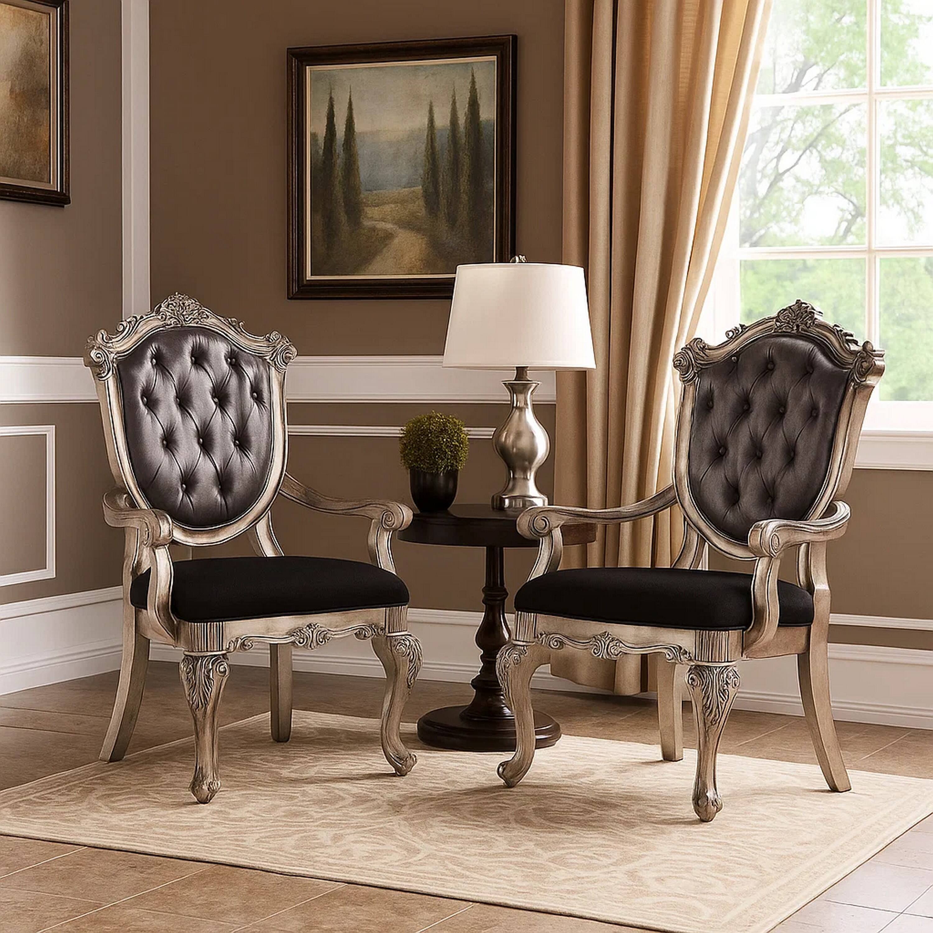 Alt View 6. Manhattan Lane - Wooden Arm Chair with Button Tufted Padded Backrest,Set of 2 - Gray.