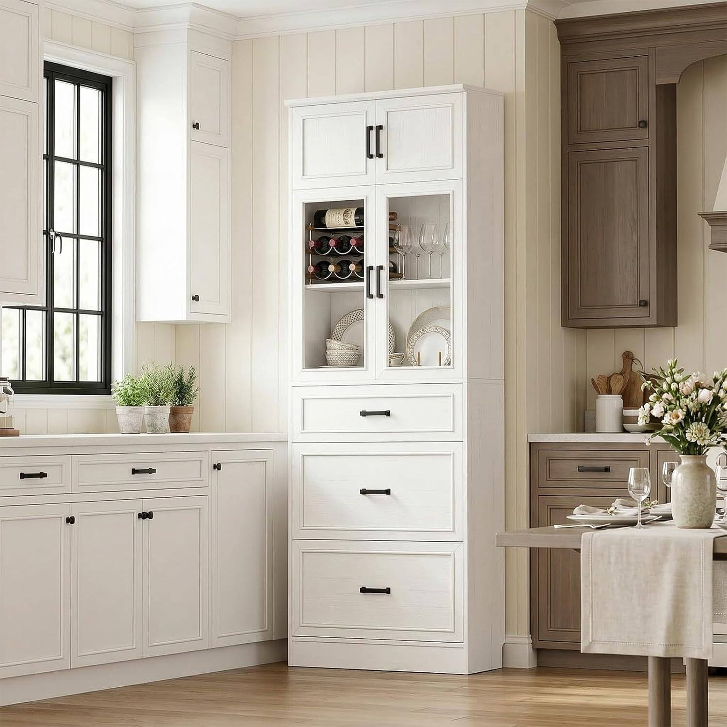 Front. Aheaplus - 80" Tall Kitchen Pantry: Glass Doors, 3 Drawers & Adjustable Shelves - White.