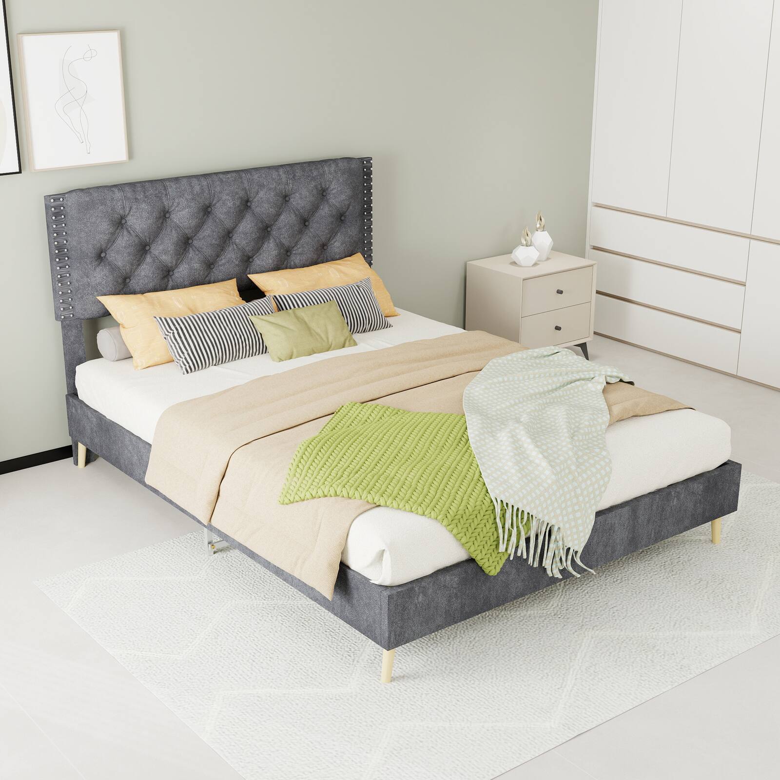 Alt View 8. Loheer - Loheer Full Size Gray Suede Bed Upholstered Platform Bed Frame with Soft Headboard Sturdy Structure - Grey.