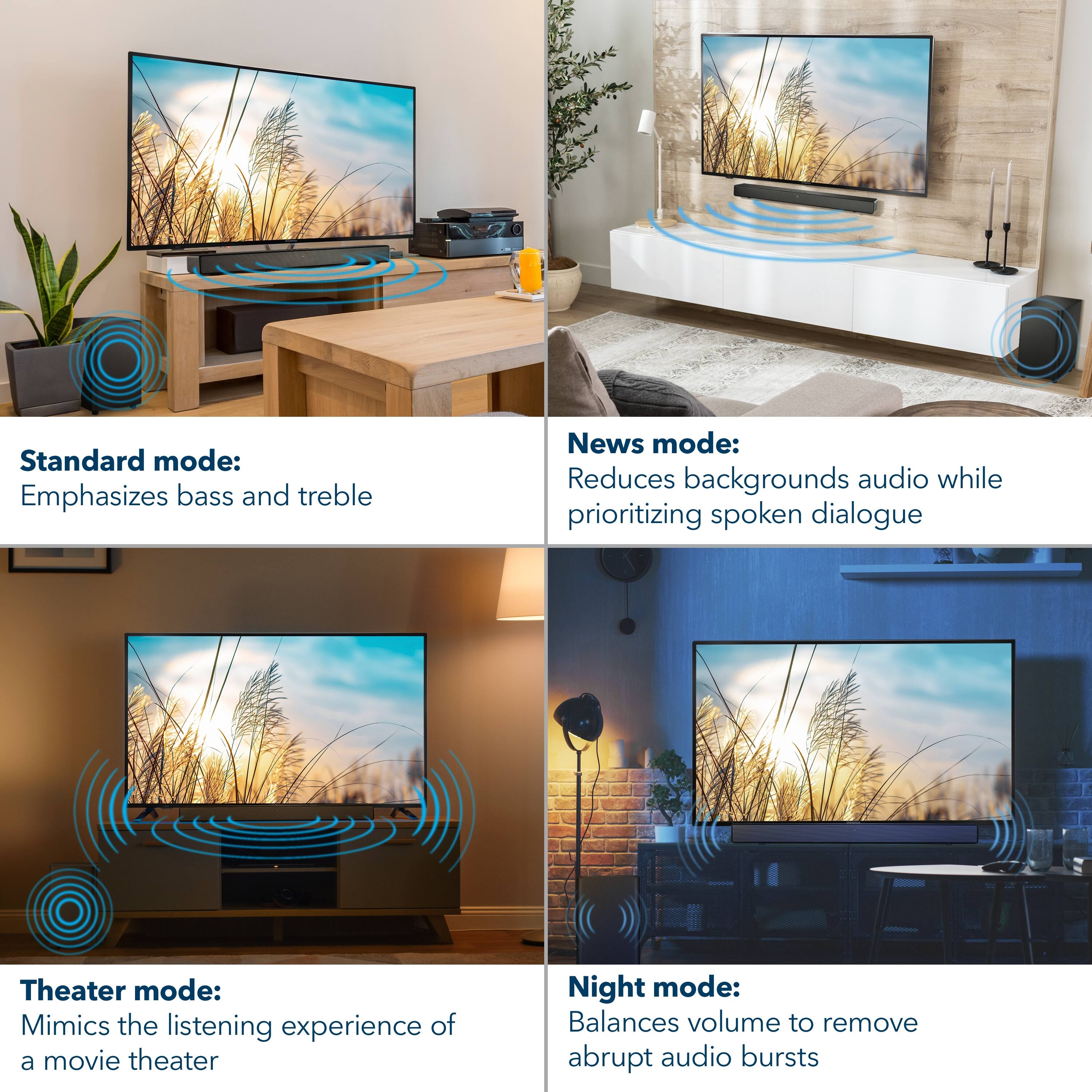 Standard mode: Emphasizes bass and treble
News mode: Reduces backgrounds audio while prioritizing spoken dialogue
Theater mode: Mimics the listening experience of a movie theater
Night mode: Balances volume to remove abrupt audio bursts